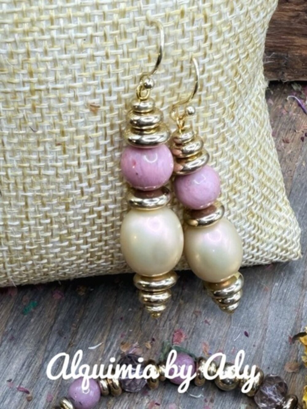 Rhodonite_ Pink and Cream Bead Drop Earrings with Gold Accents